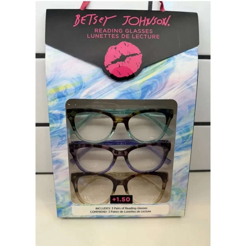 BETSEY JOHNSON 3 PACK PREMIUM READING GLASSES READERS +1.50 Cat Eye Retro NEW